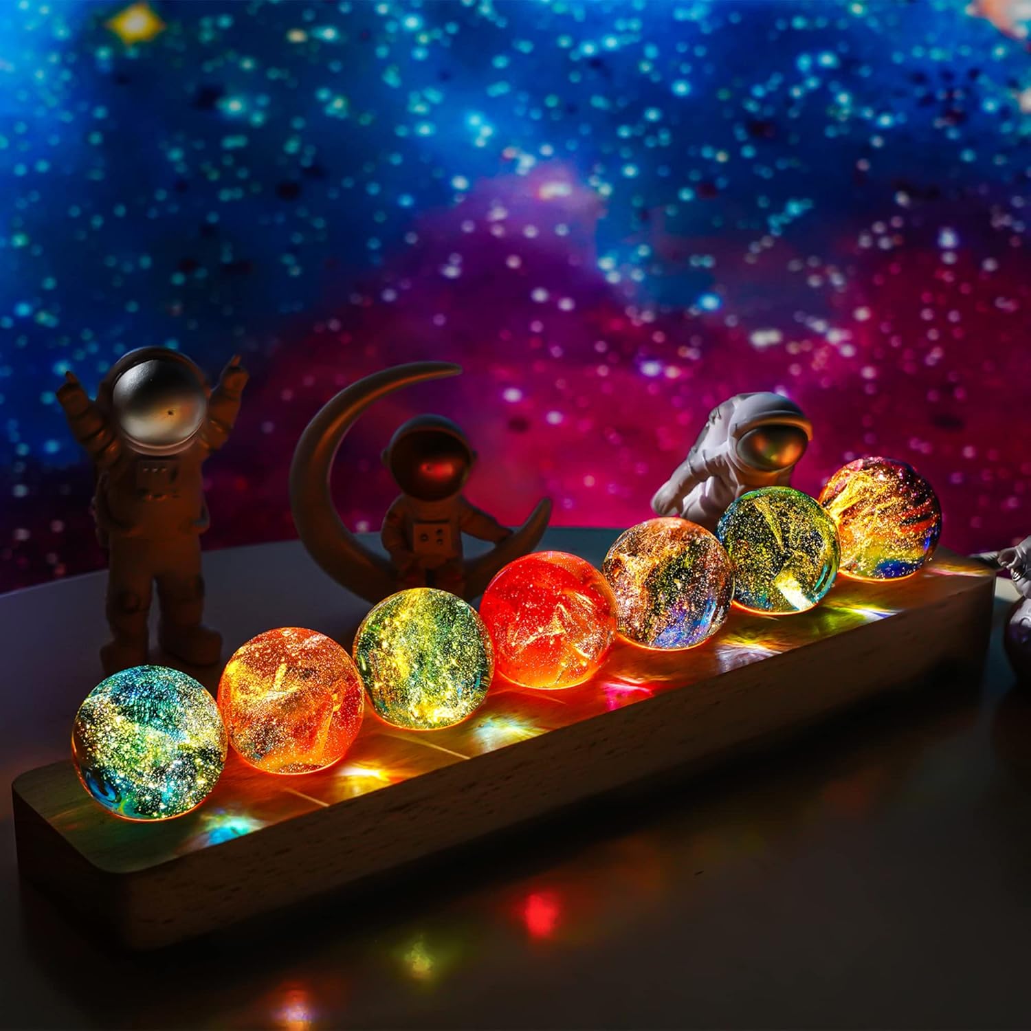 7 Chakra Natural Healing Spheres with LED Wooden Stand 40mm Crystal Quartz Stones for Meditation Positive Energy Night Light Decoration Balls Set for Home Style-A