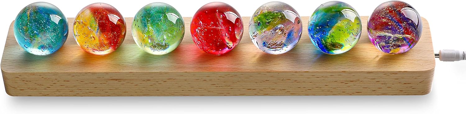 7 Chakra Natural Healing Spheres with LED Wooden Stand 40mm Crystal Quartz Stones for Meditation Positive Energy Night Light Decoration Balls Set for Home Style-A