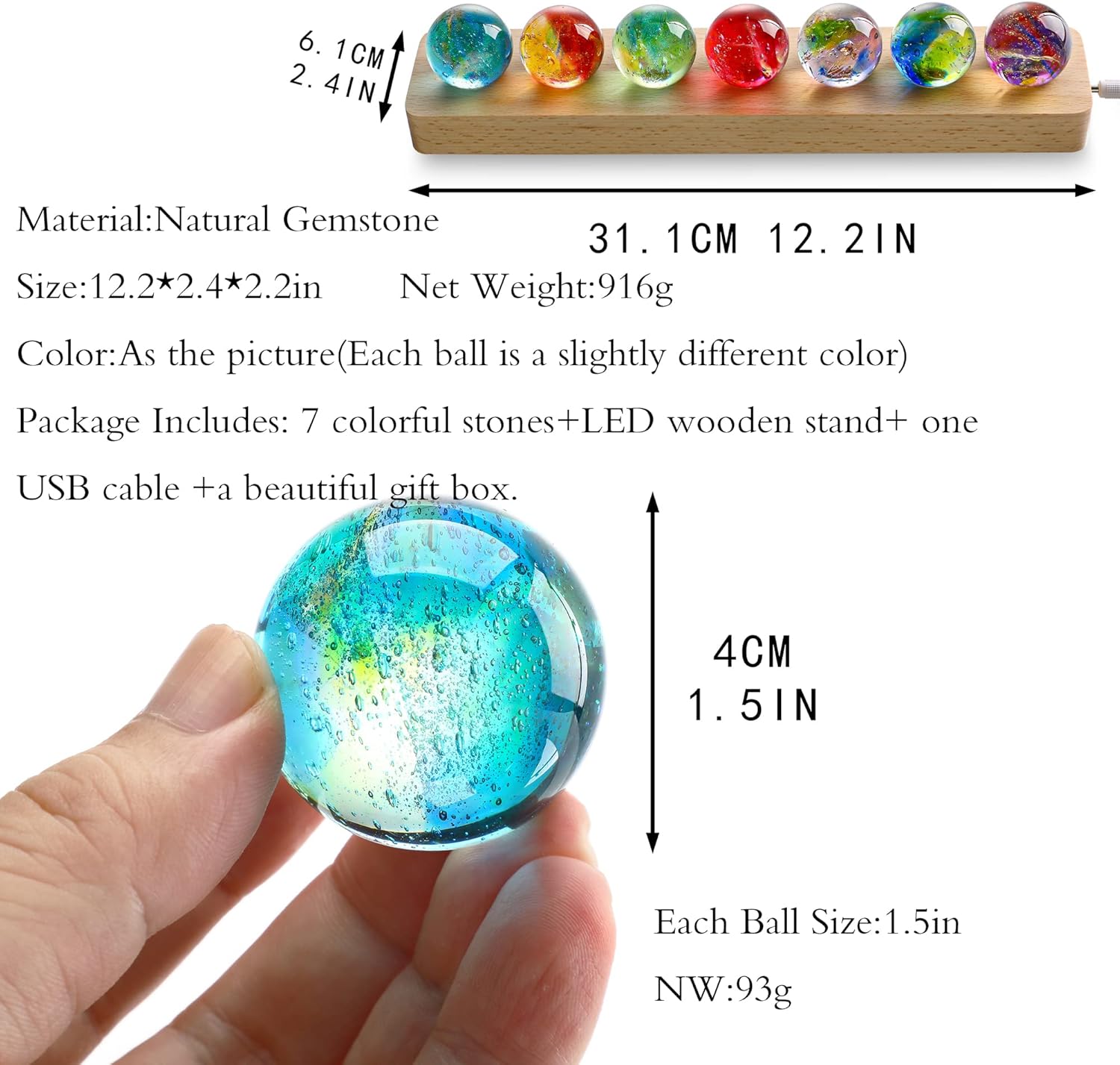 7 Chakra Natural Healing Spheres with LED Wooden Stand 40mm Crystal Quartz Stones for Meditation Positive Energy Night Light Decoration Balls Set for Home Style-A