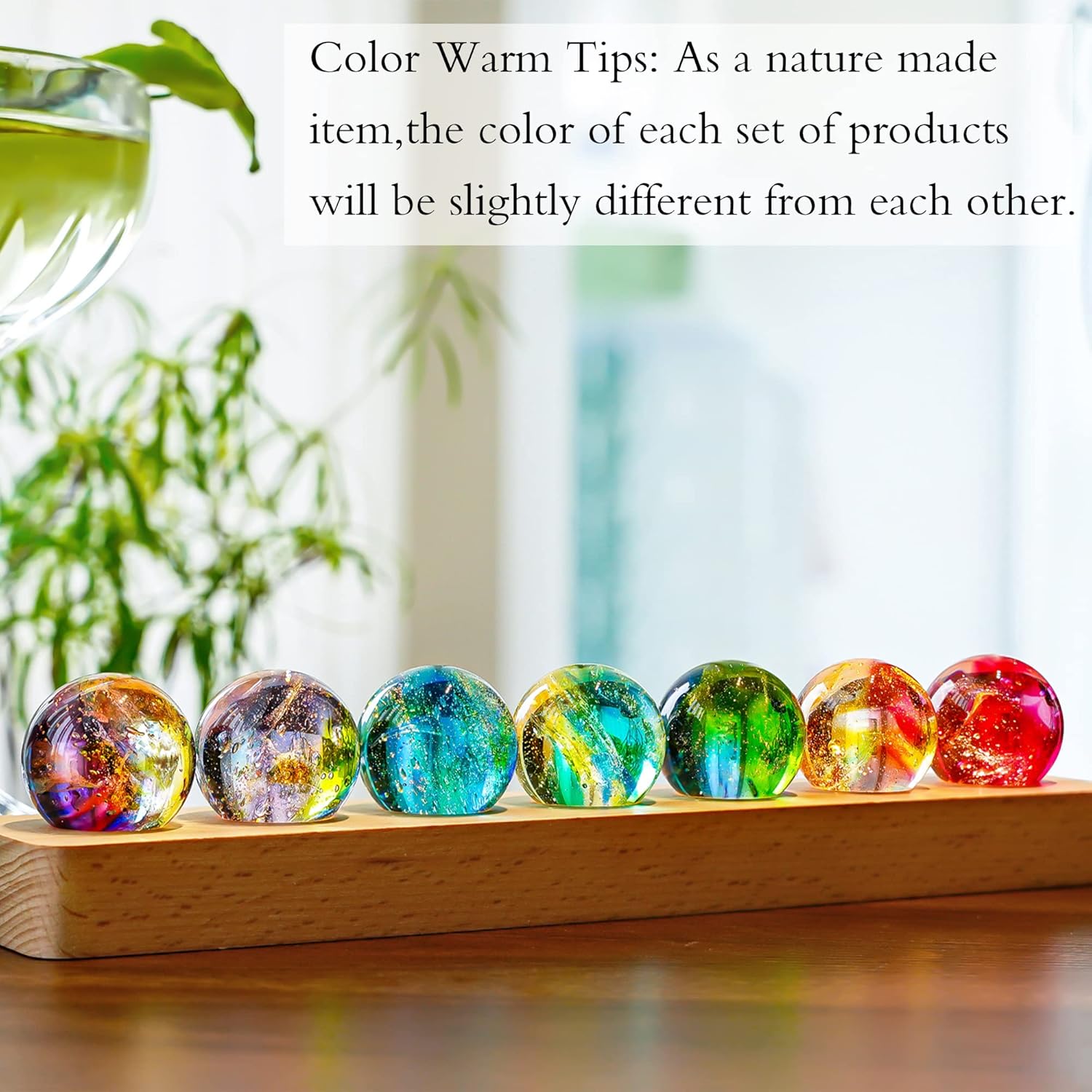 7 Chakra Natural Healing Spheres with LED Wooden Stand 40mm Crystal Quartz Stones for Meditation Positive Energy Night Light Decoration Balls Set for Home Style-A