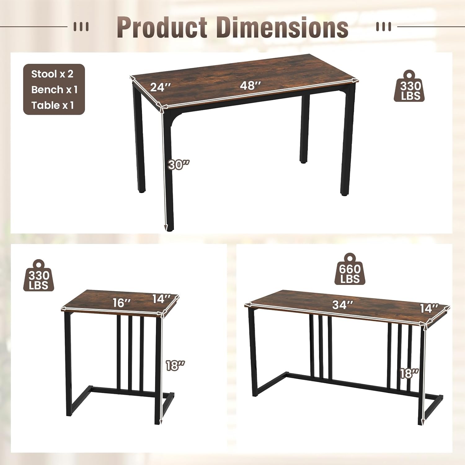 Giantex 4-Piece Dining Table Set for 4, Modern Kitchen Table and Chairs, Nesting Furniture Set with Bench & 2 Stools, Space-Saving Desk Set, Dinette Set for Small Place, Dining Room Restaurant (Brown)