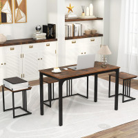 Giantex 4-Piece Dining Table Set for 4, Modern Kitchen Table and Chairs, Nesting Furniture Set with Bench & 2 Stools, Space-Saving Desk Set, Dinette Set for Small Place, Dining Room Restaurant (Brown)