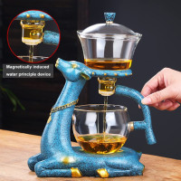 Chinese Kung Fu Glass Tea Pot Semi-Automatic Lazy Tea Set Magnetic Balls Rotating Heat-Resistant Teapot,With Infuser Loose Tea Steeper(Deer Teapot)