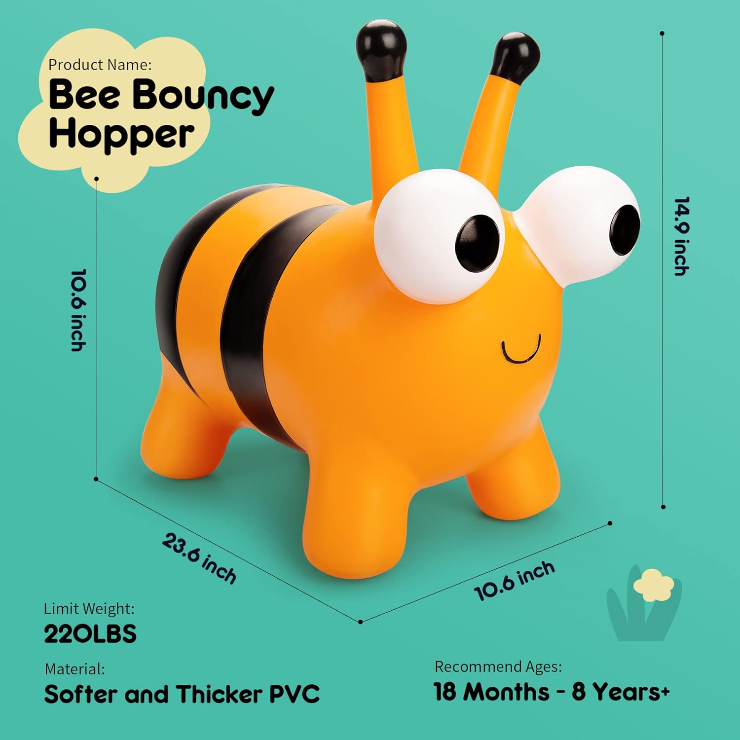 ZOOJOY Bee Bouncy Animals Hopper, Inflatable Bouncing Hopper, Outdoor Indoor Jumping Bounce Hopping Toys for Toddlers, for 18 Months 2 3 4 Year Old Kid Toddler