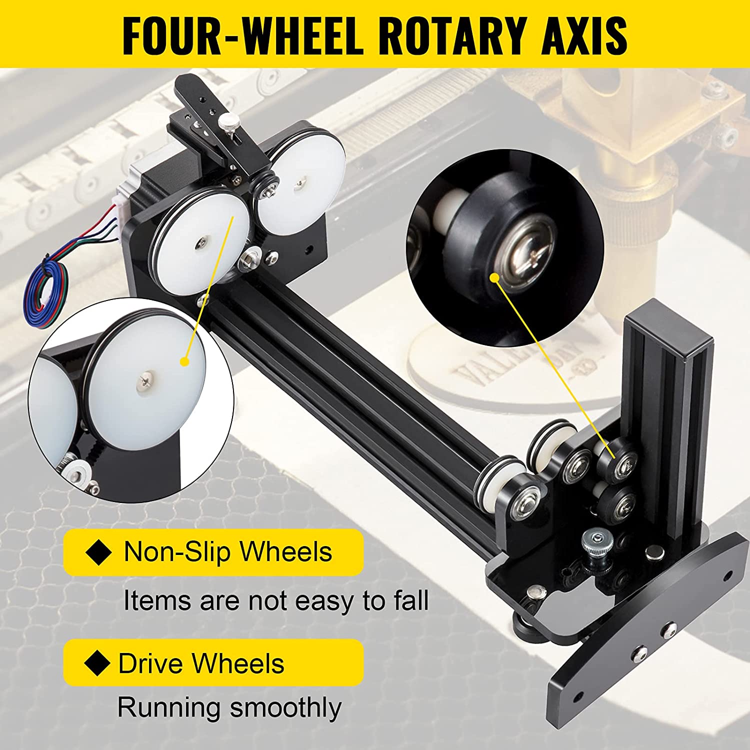 VEVOR Rotary Axis Attachment, 4 Wheels Laser Rotary Attachment, 57 Stepper Motor Laser Cutter Rotary, 50 mm-350 mm Carve Length for Engraving Cutting Machine Spherical Carving Cylinder Carving Rotary Axis Attachment A