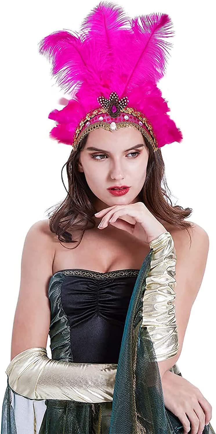 Famvos Feather Headpiece for Women, Carnival Headpieces, Showgirl Headpiece, Mardi Gras Headdress Rose Red