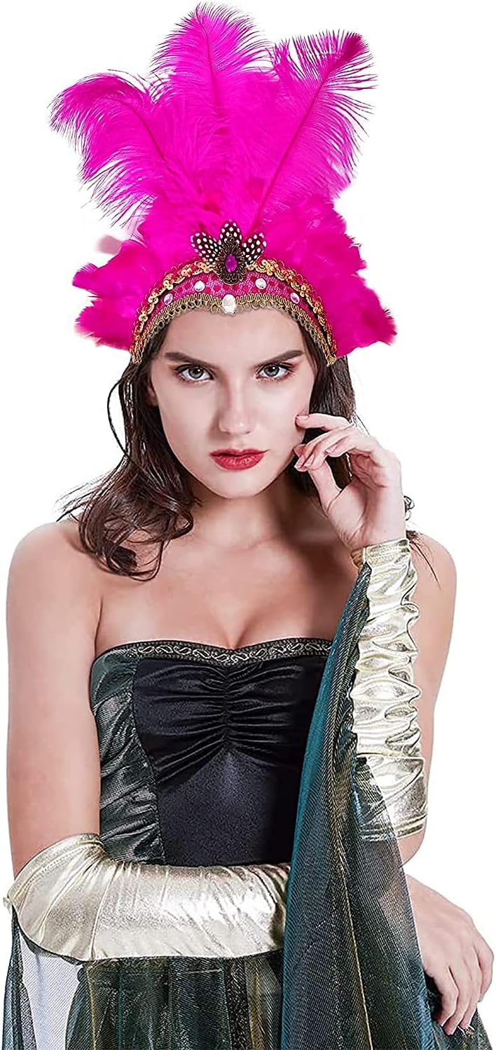Famvos Feather Headpiece for Women, Carnival Headpieces, Showgirl Headpiece, Mardi Gras Headdress Rose Red