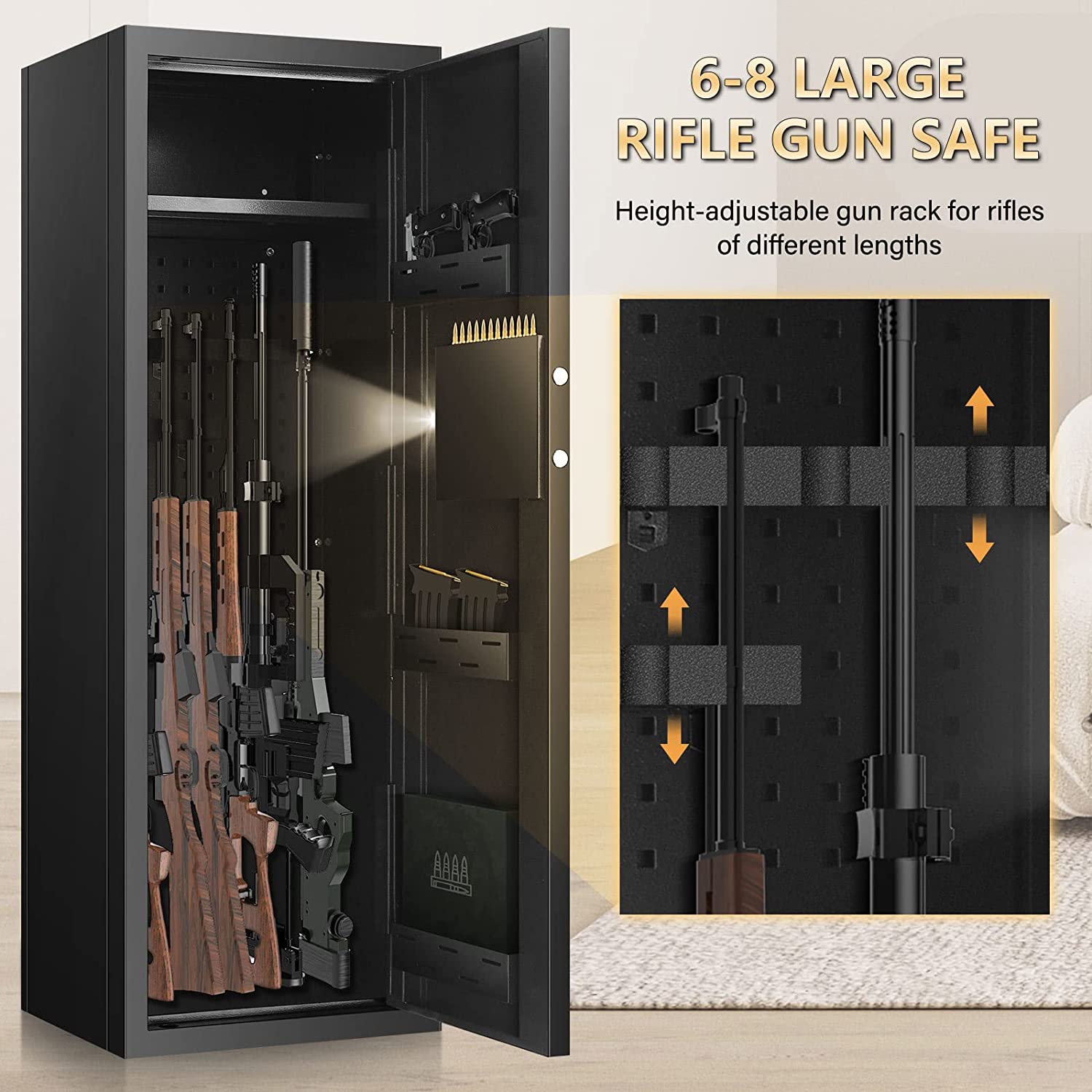 Sanfnz 50'' 6-8 Rifle Gun Safe Fire Resistant, Larger and Deeper Safes for Home Pistols with Adjustable Bracket, Quick Access Storage Cabinet 3 Pistol Rack, Silent Mode, Black