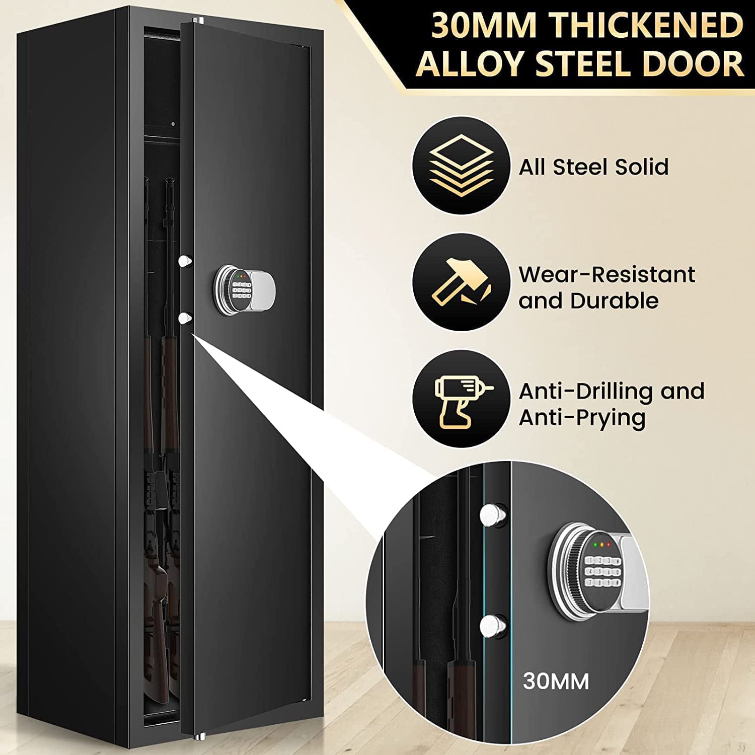 Sanfnz 50'' 6-8 Rifle Gun Safe Fire Resistant, Larger and Deeper Safes for Home Pistols with Adjustable Bracket, Quick Access Storage Cabinet 3 Pistol Rack, Silent Mode, Black