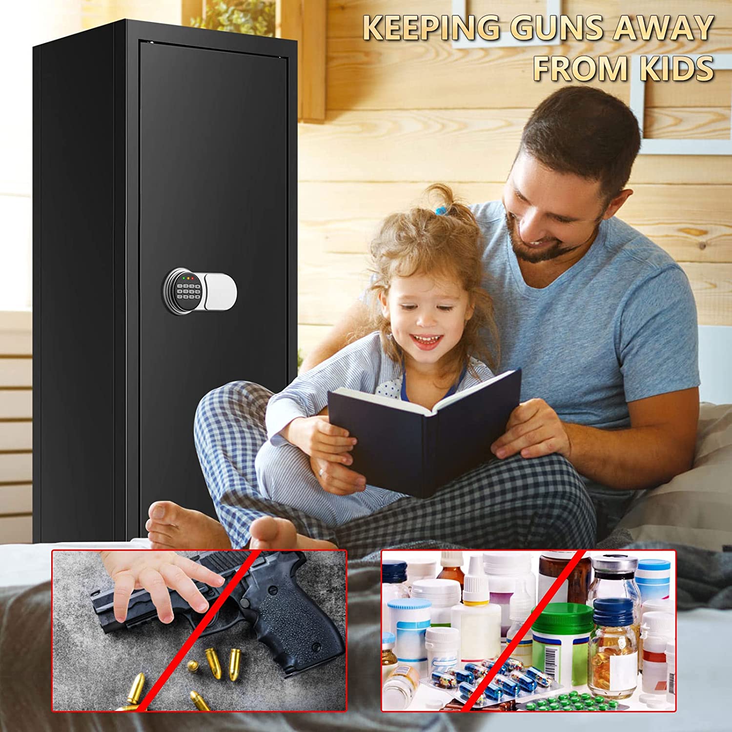 Sanfnz 50'' 6-8 Rifle Gun Safe Fire Resistant, Larger and Deeper Safes for Home Pistols with Adjustable Bracket, Quick Access Storage Cabinet 3 Pistol Rack, Silent Mode, Black