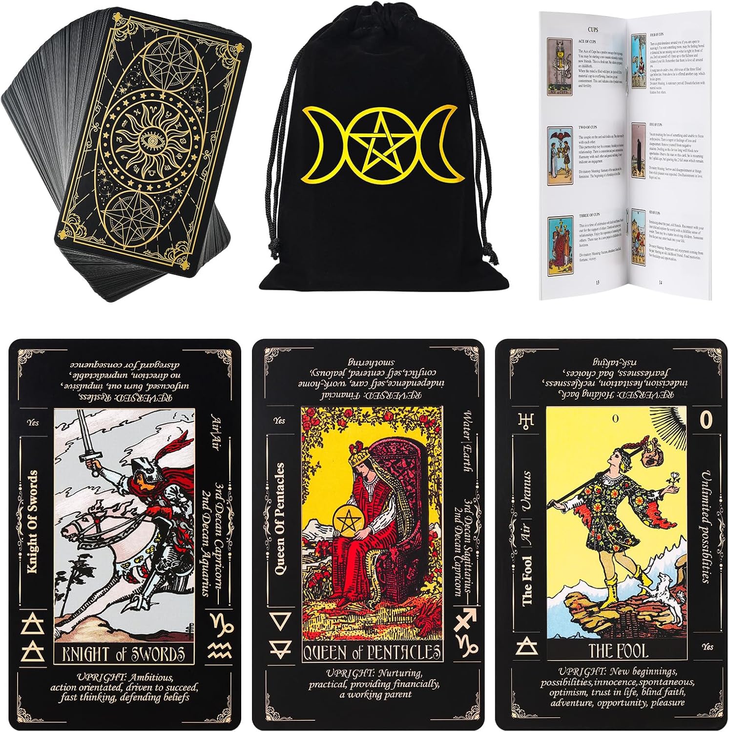 Tarot Cards with Guide Book & Linen Carry Bag, 78 Classic Original Tarot Cards Deck Fortune Telling Game with Meanings on Them for Beginners to Expert Black Tarot Cards