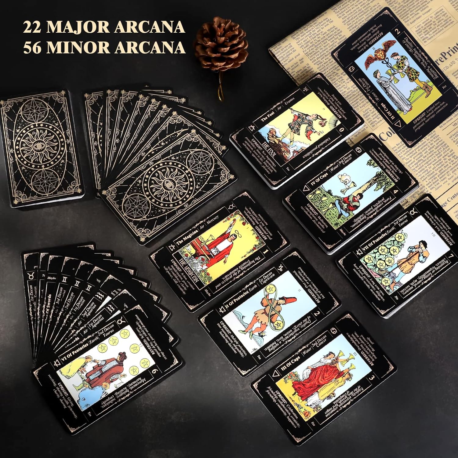 Tarot Cards with Guide Book & Linen Carry Bag, 78 Classic Original Tarot Cards Deck Fortune Telling Game with Meanings on Them for Beginners to Expert Black Tarot Cards