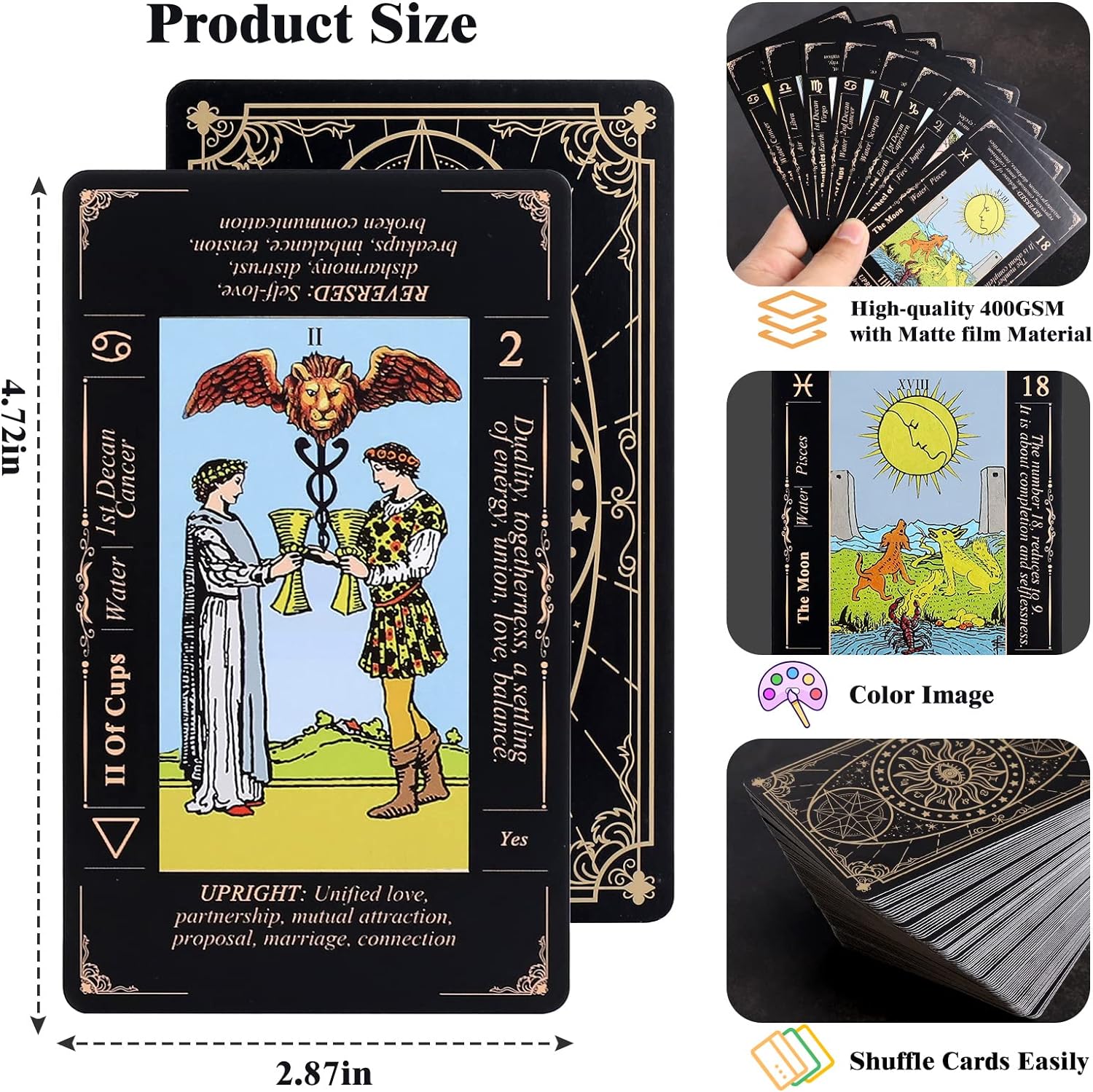 Tarot Cards with Guide Book & Linen Carry Bag, 78 Classic Original Tarot Cards Deck Fortune Telling Game with Meanings on Them for Beginners to Expert Black Tarot Cards