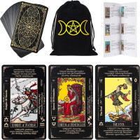 Tarot Cards with Guide Book & Linen Carry Bag, 78 Classic Original Tarot Cards Deck Fortune Telling Game with Meanings on Them for Beginners to Expert Black Tarot Cards