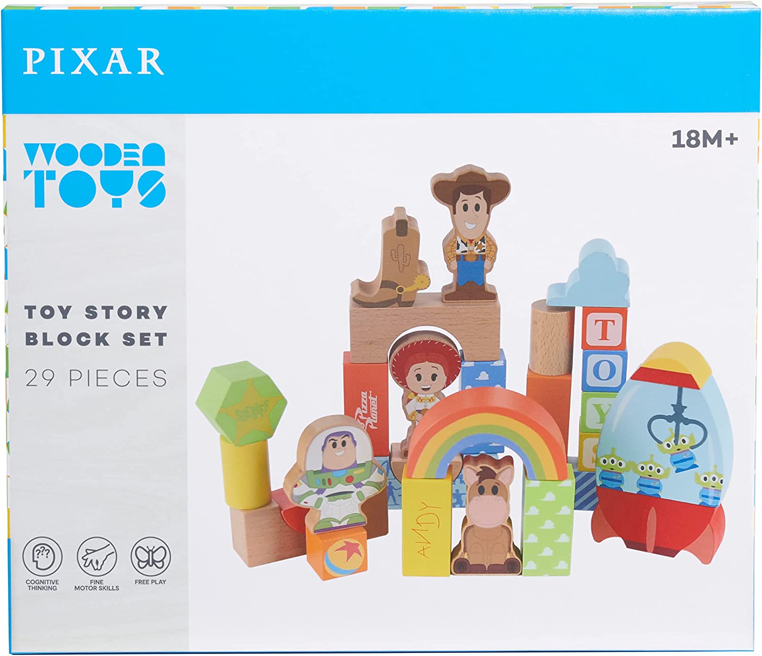 Disney Wooden Toys Toy Story Block Set, 29-Piece Set Includes 4 Block Figures, Officially Licensed Kids Toys for Ages 18 Month, Gifts and Presents