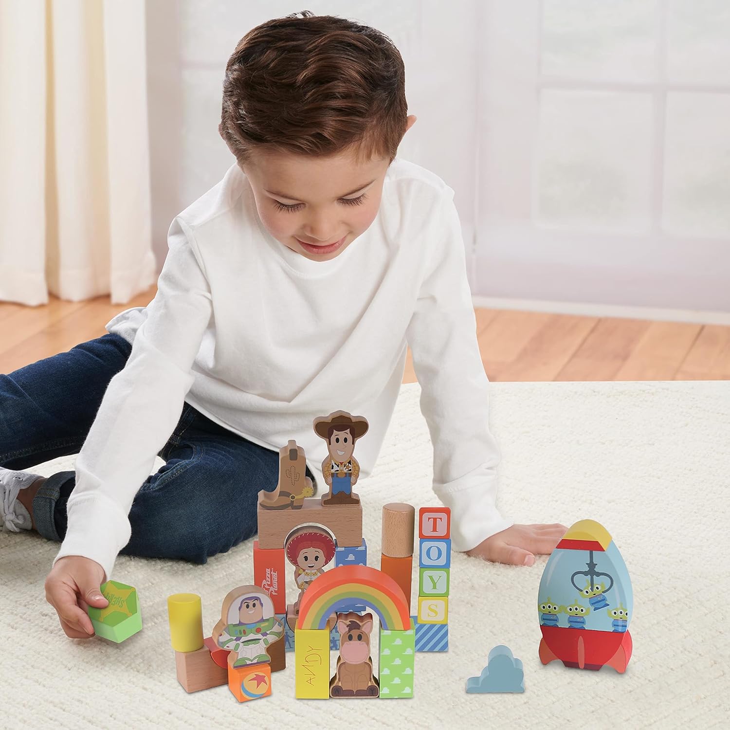 Disney Wooden Toys Toy Story Block Set, 29-Piece Set Includes 4 Block Figures, Officially Licensed Kids Toys for Ages 18 Month by Just Play