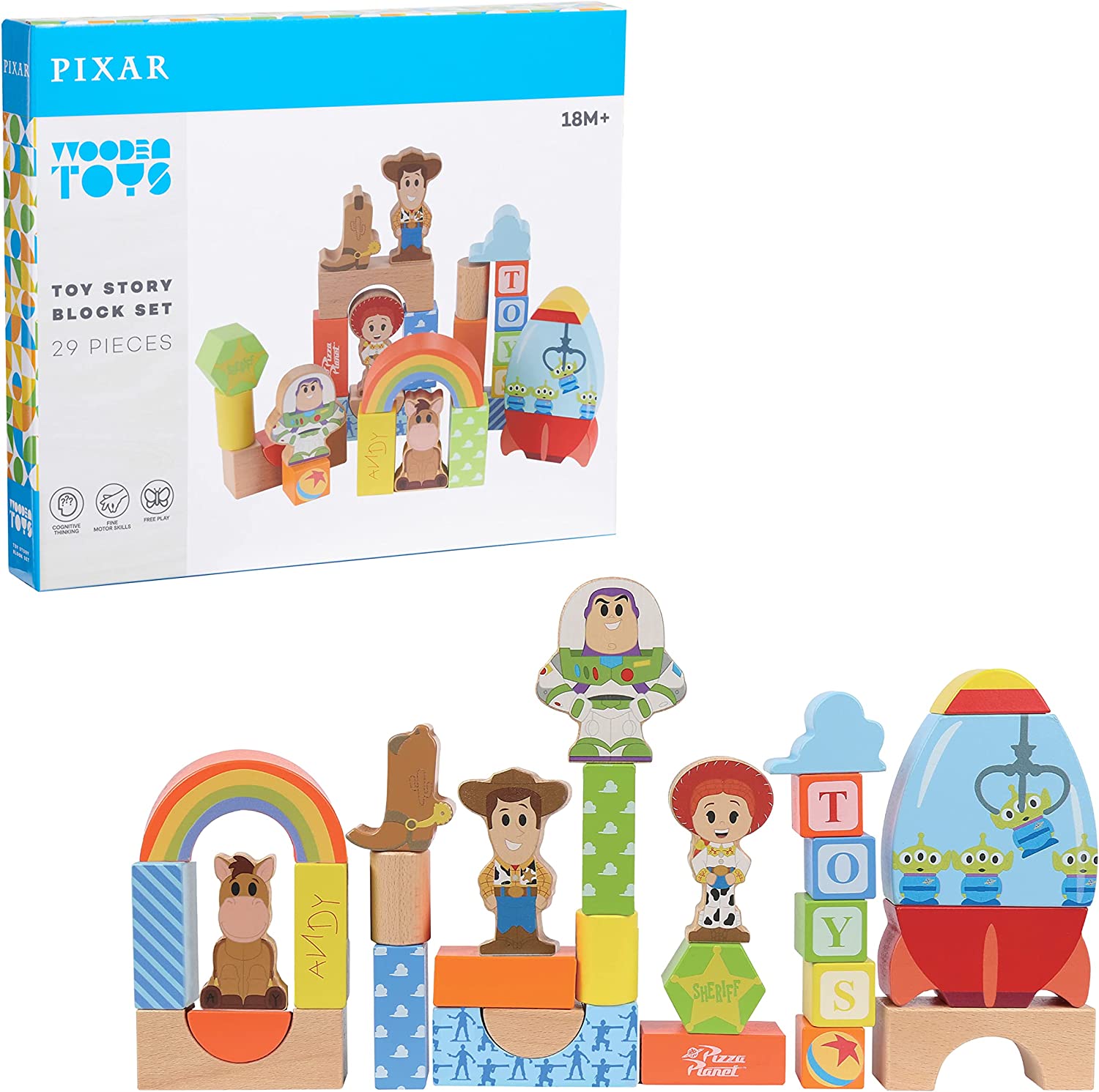 Disney Wooden Toys Toy Story Block Set, 29-Piece Set Includes 4 Block Figures, Officially Licensed Kids Toys for Ages 18 Month, Gifts and Presents