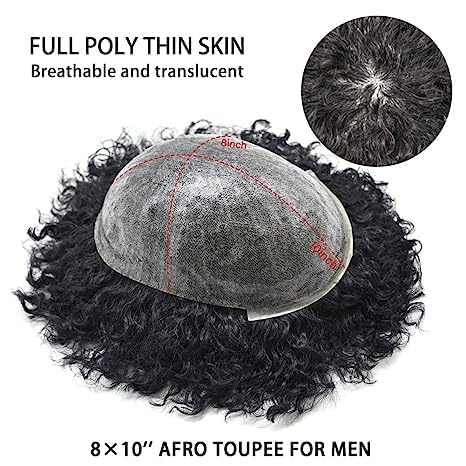 Afro Curly Toupee for Black Men Brazilian Human Hair Pieces Full PU African American Afro Mens Toupee Hair System Man Weave Hair Unit Black Male Prosthesis 8x10 1# JET BLACk 8mm afro wave 8x10'' 1# JET BLACK-8mm wave
