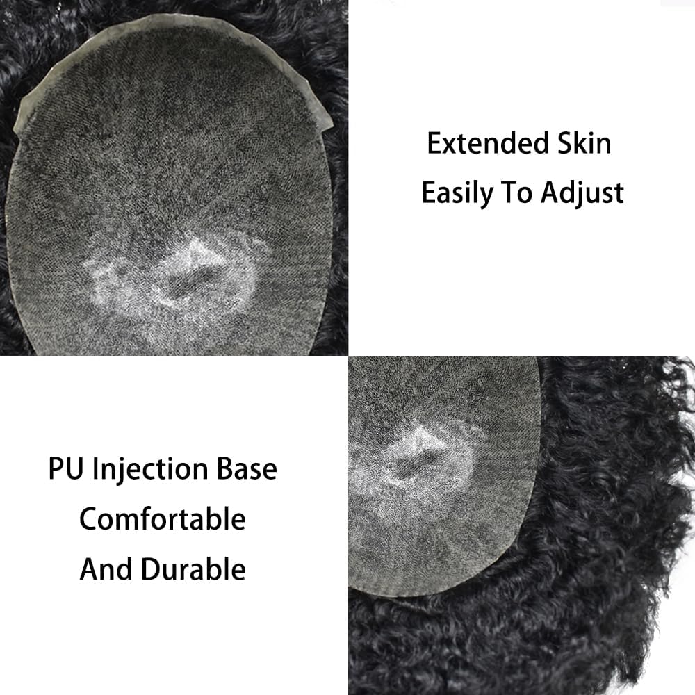 Afro Curly Toupee for Black Men Brazilian Human Hair Pieces Full PU African American Afro Mens Toupee Hair System Man Weave Hair Unit Black Male Prosthesis 8x10 1# JET BLACk 8mm afro wave 8x10'' 1# JET BLACK-8mm wave