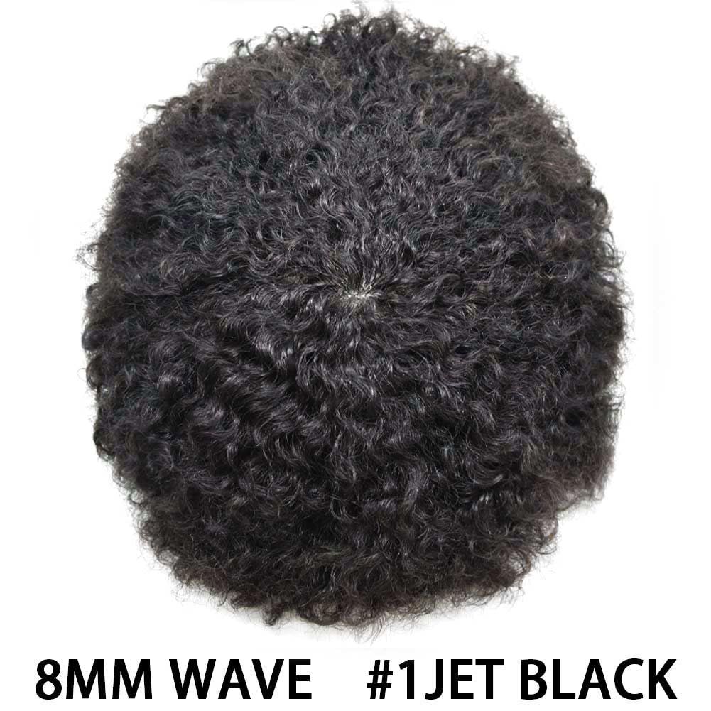 Afro Curly Toupee for Black Men Brazilian Human Hair Pieces Full PU African American Afro Mens Toupee Hair System Man Weave Hair Unit Black Male Prosthesis 8x10 1# JET BLACk 8mm afro wave 8x10'' 1# JET BLACK-8mm wave