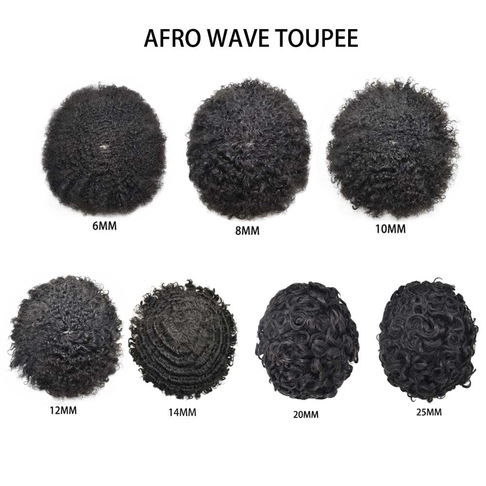 Afro Curly Toupee for Black Men Brazilian Human Hair Pieces Full PU African American Afro Mens Toupee Hair System Man Weave Hair Unit Black Male Prosthesis 8x10 1# JET BLACk 8mm afro wave 8x10'' 1# JET BLACK-8mm wave