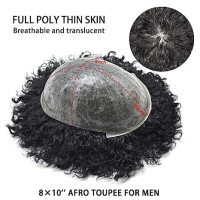Afro Curly Toupee for Black Men Brazilian Human Hair Pieces Full PU African American Afro Mens Toupee Hair System Man Weave Hair Unit Black Male Prosthesis 8x10 1# JET BLACk 8mm afro wave 8x10'' 1# JET BLACK-8mm wave