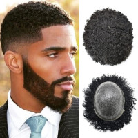 Afro Curly Toupee for Black Men Brazilian Human Hair Pieces Full PU African American Afro Mens Toupee Hair System Man Weave Hair Unit Black Male Prosthesis 8x10 1# JET BLACk 8mm afro wave 8x10'' 1# JET BLACK-8mm wave