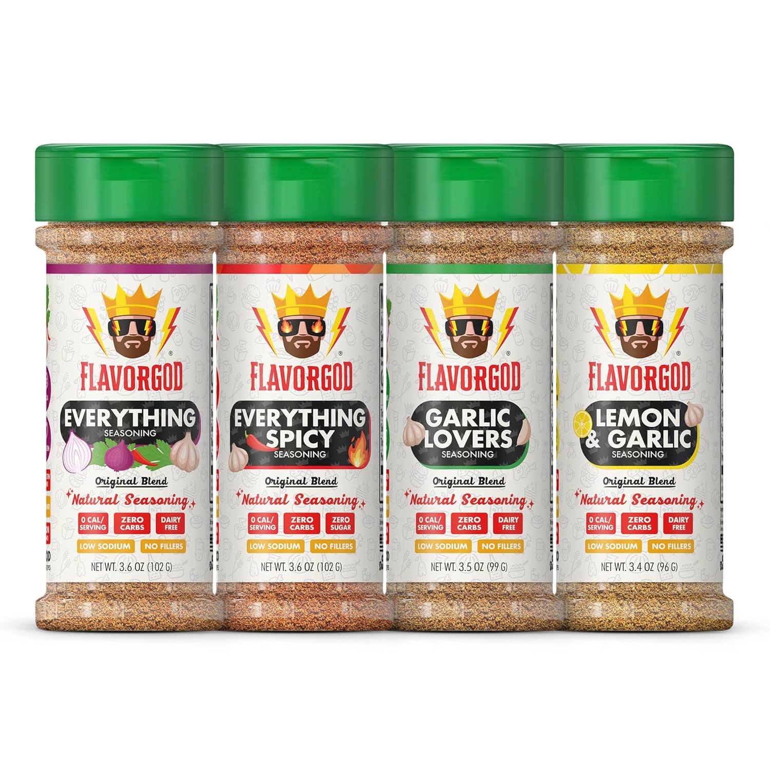 Flavor God Classic Combo Pack Of 4 Seasoning & Spices for Cooking, Everything, Everything Spicy, Garlic Lovers, Lemon & Garlic, Low Sodium, Healthy Herbs Keto Spice Set, Chicken, Beef, Seafood & Eggs