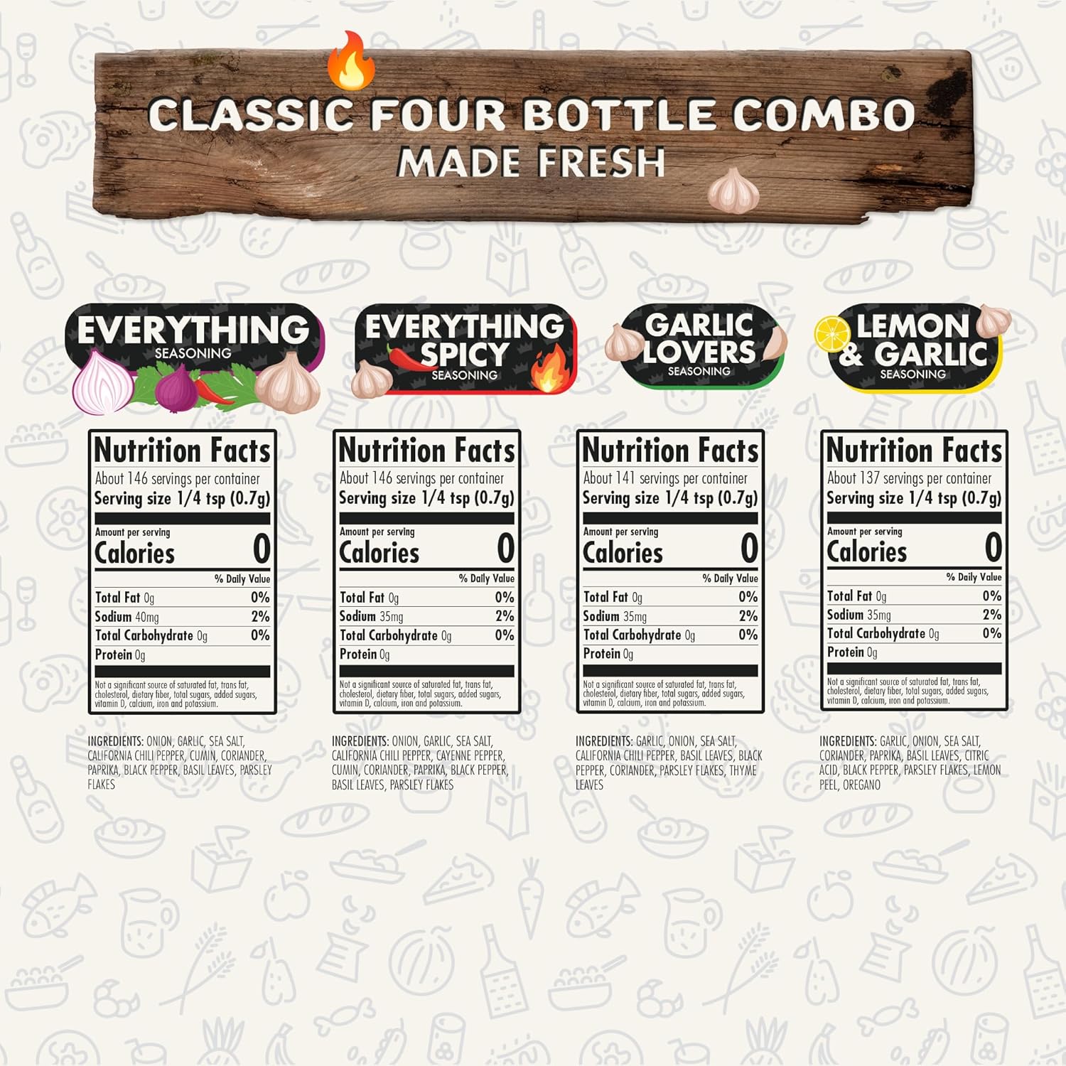 Flavor God Classic Combo Pack Of 4 Seasoning & Spices for Cooking, Everything, Everything Spicy, Garlic Lovers, Lemon & Garlic, Low Sodium, Healthy Herbs Keto Spice Set, Chicken, Beef, Seafood & Eggs