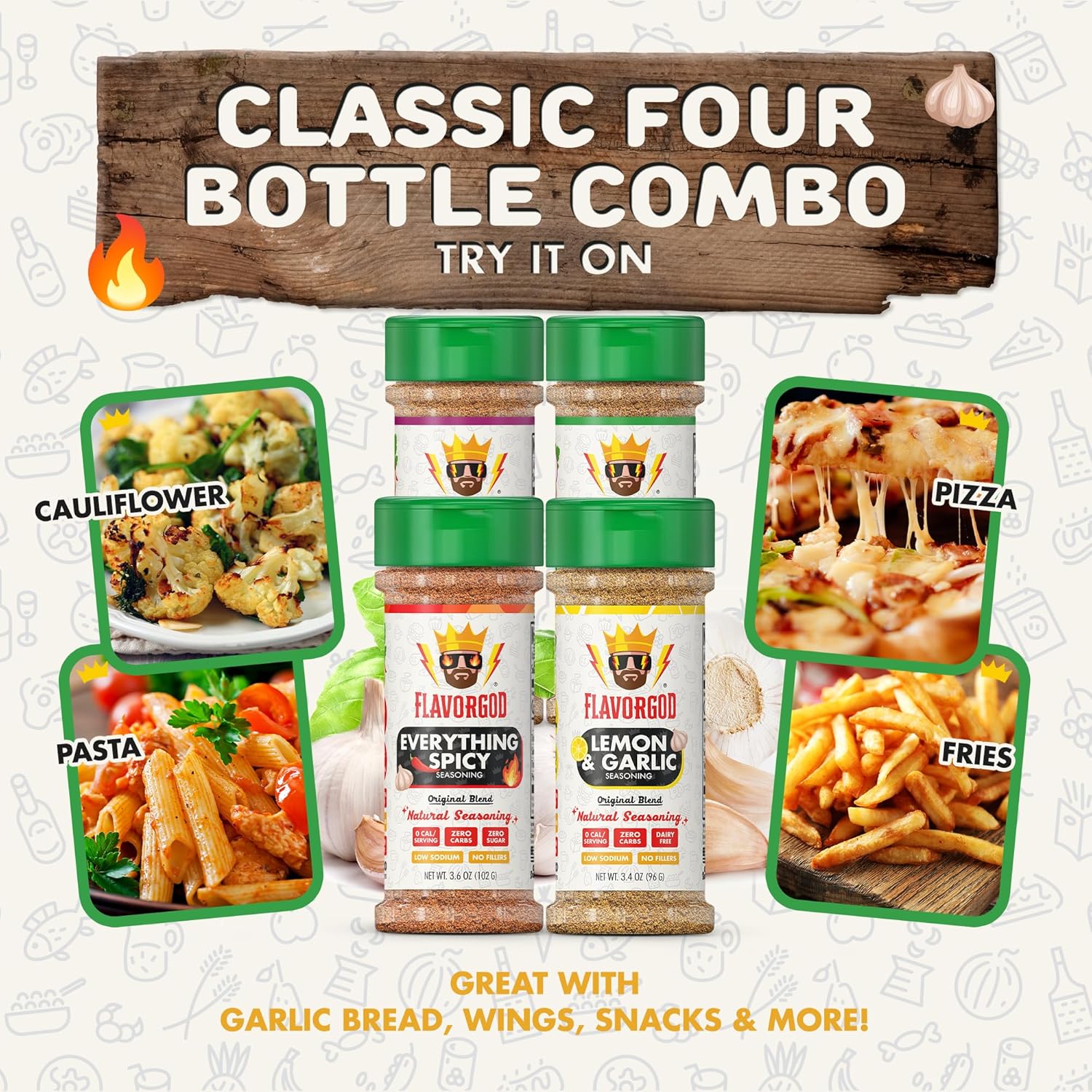 Flavor God Classic Combo Pack Of 4 Seasoning & Spices for Cooking, Everything, Everything Spicy, Garlic Lovers, Lemon & Garlic, Low Sodium, Healthy Herbs Keto Spice Set, Chicken, Beef, Seafood & Eggs