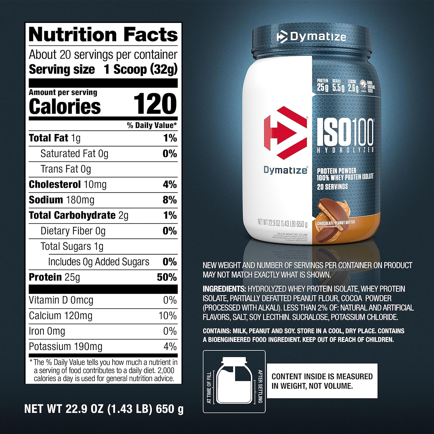 Dymatize ISO100 Whey Protein Powder Isolate, Chocolate Peanut Butter, 25g of Protein, 20 Servings, 5.5g BCAAs, Less Than 120 Cal., Gluten Free, 1g Fat, 1g Sugar, 2g Carb Chocolate Peanut Butter 20 Servings (Pack of 1)