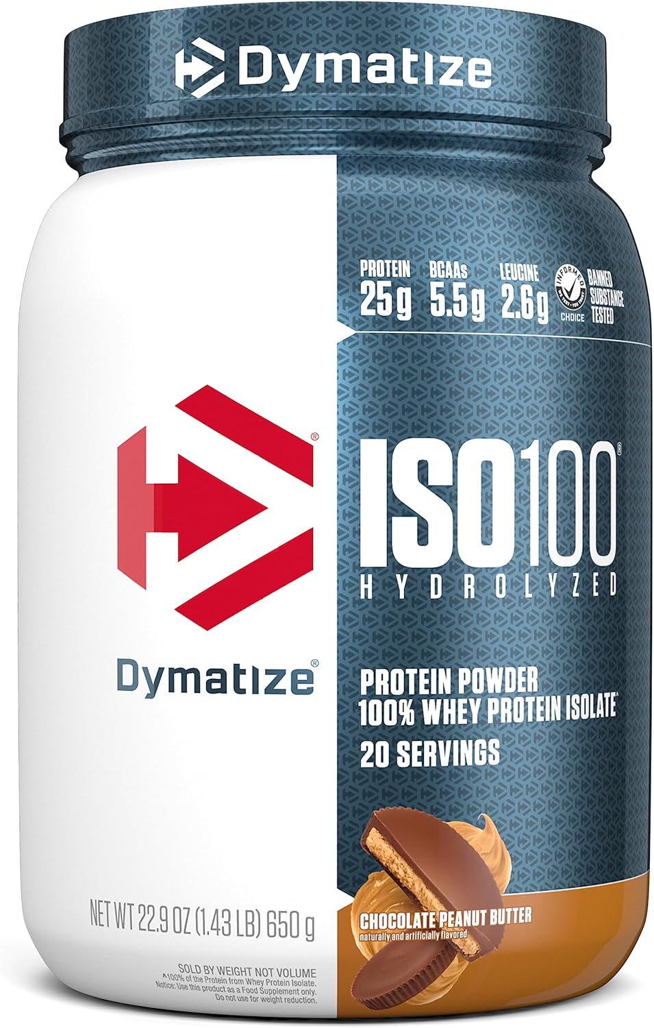 Dymatize ISO100 Whey Protein Powder Isolate, Chocolate Peanut Butter, 25g of Protein, 20 Servings, 5.5g BCAAs, Less Than 120 Cal., Gluten Free, 1g Fat, 1g Sugar, 2g Carb Chocolate Peanut Butter 20 Servings (Pack of 1)