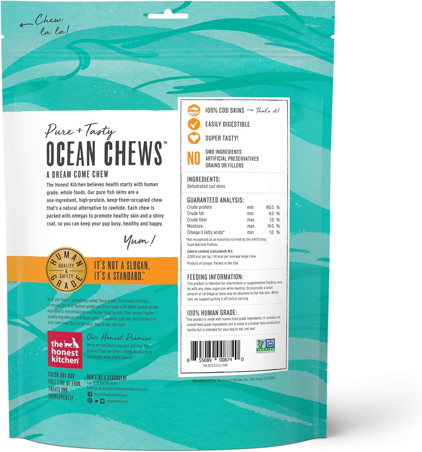 The Honest Kitchen Human Grade Ocean Chews Crispy Cod Fish Skins Dog Treats, 5.5 Ounces