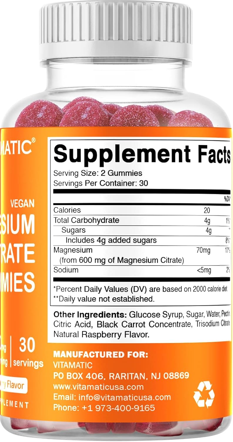 Vitamatic Magnesium Gummies 600mg per Serving – 60 Vegan Count for Relaxation, Muscle, Bone, and Energy Support