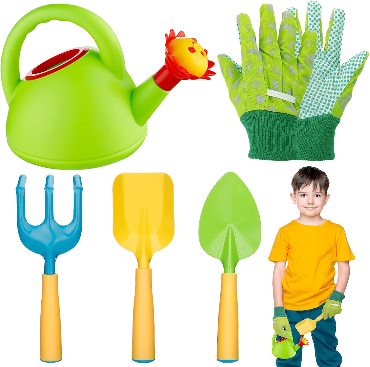 Biubee Toddler Gardening Tools Set - Sturdy Kids Watering Can Toy, Child Gardening Set with Metal Shovel Hand Rake Kids Gloves, Garden Toys for Baby Outdoor Beach Sand Toy Gift First Edition