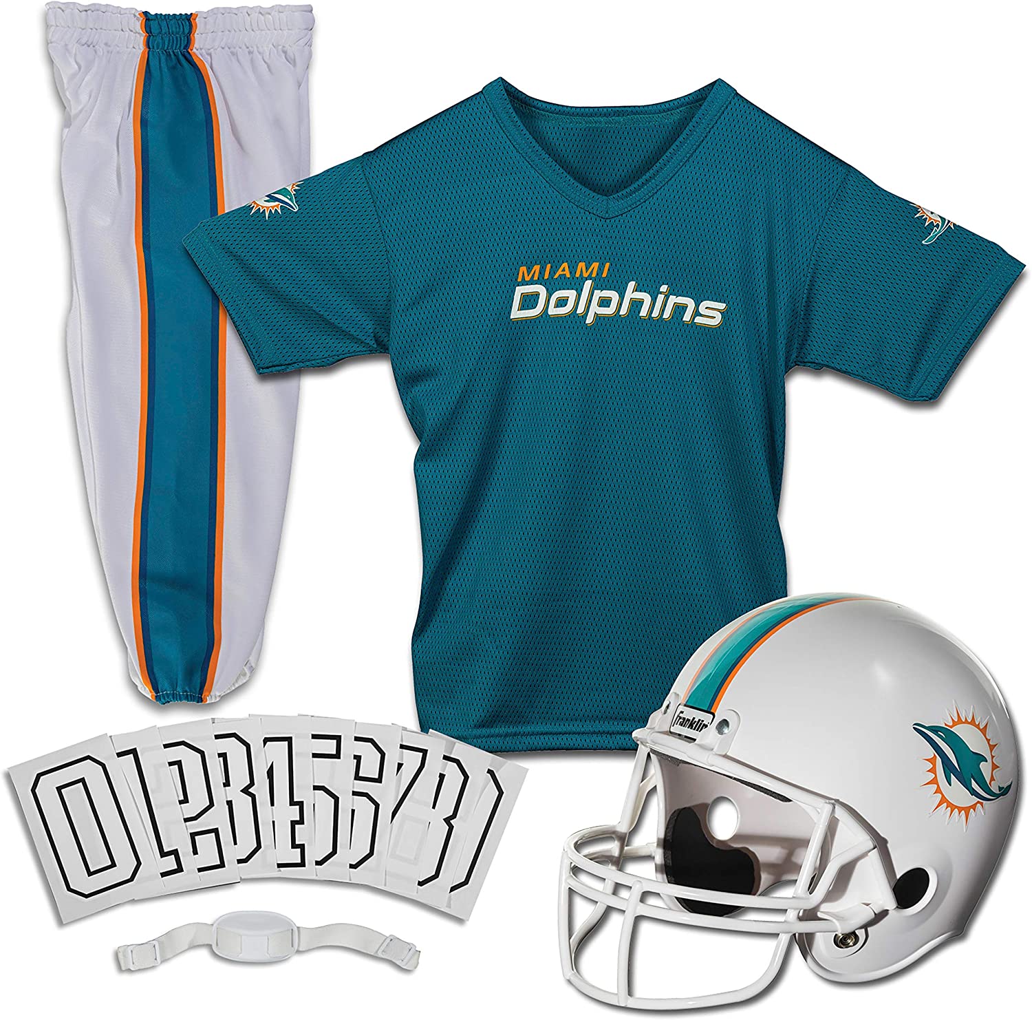 Franklin Sports NFL Kids Football Uniform Set - NFL Youth Football Costume for Boys & Girls - Set Includes Helmet, Jersey & Pants with Chinstrap + Numbers Miami Dolphins Medium