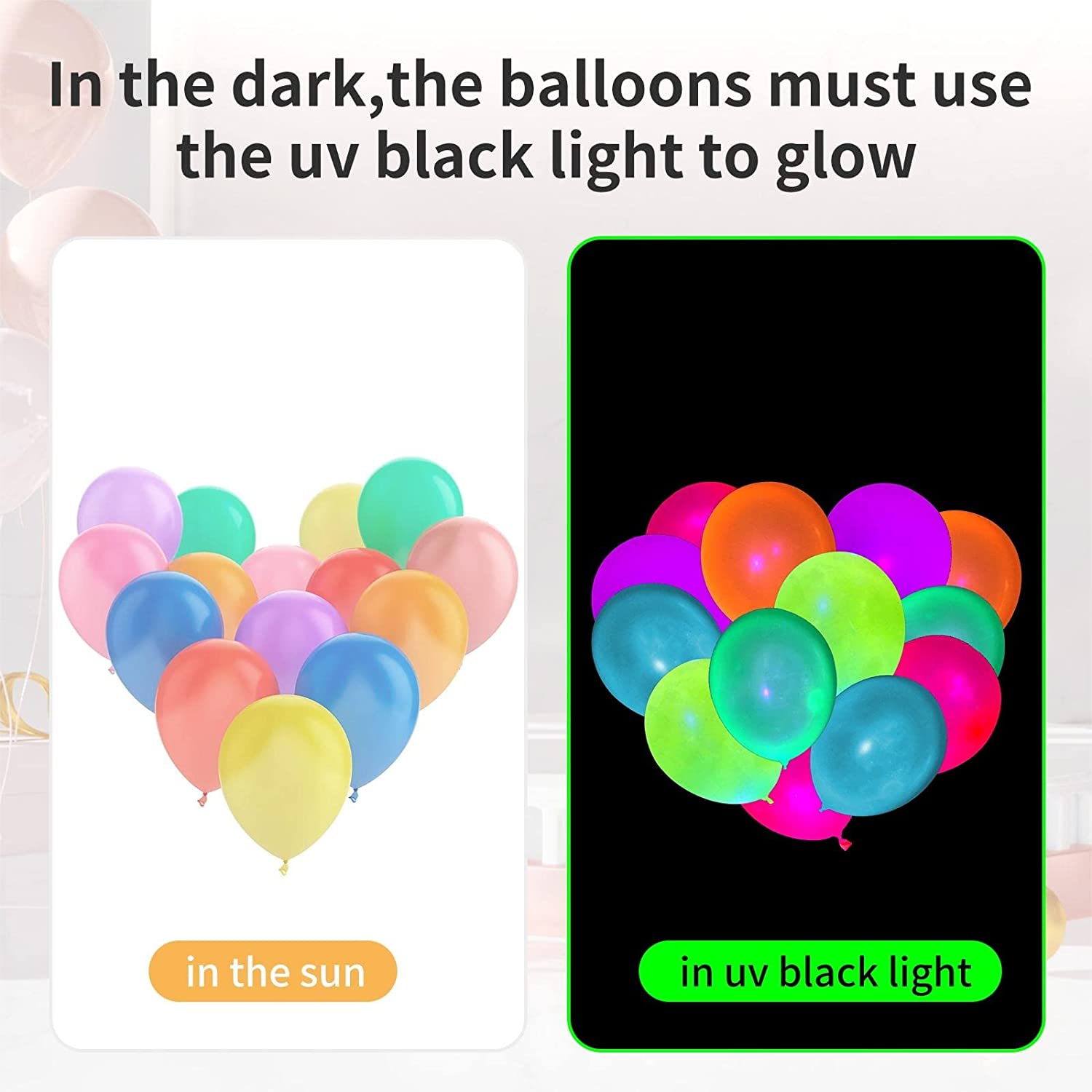 100 Pcs UV Neon Balloons ,Neon Glow Party Balloons UV Black Light Balloons Glow in the dark for Birthday Decorations Wedding Glow Party Supplies Blacklight Reactive Fluorescent Balloons Yellow,orange,green,purple,blue,pink