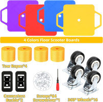 4 Pack Sports Scooter Board with Handles, Floor Scooter Board Sitting Scooter Board with Non-Marring Plastic Casters for Kids Children Gym Indoor Outdoor Activities Play Equipment, 12 Inches Square