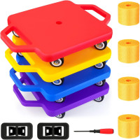 4 Pack Sports Scooter Board with Handles, Floor Scooter Board Sitting Scooter Board with Non-Marring Plastic Casters for Kids Children Gym Indoor Outdoor Activities Play Equipment, 12 Inches Square