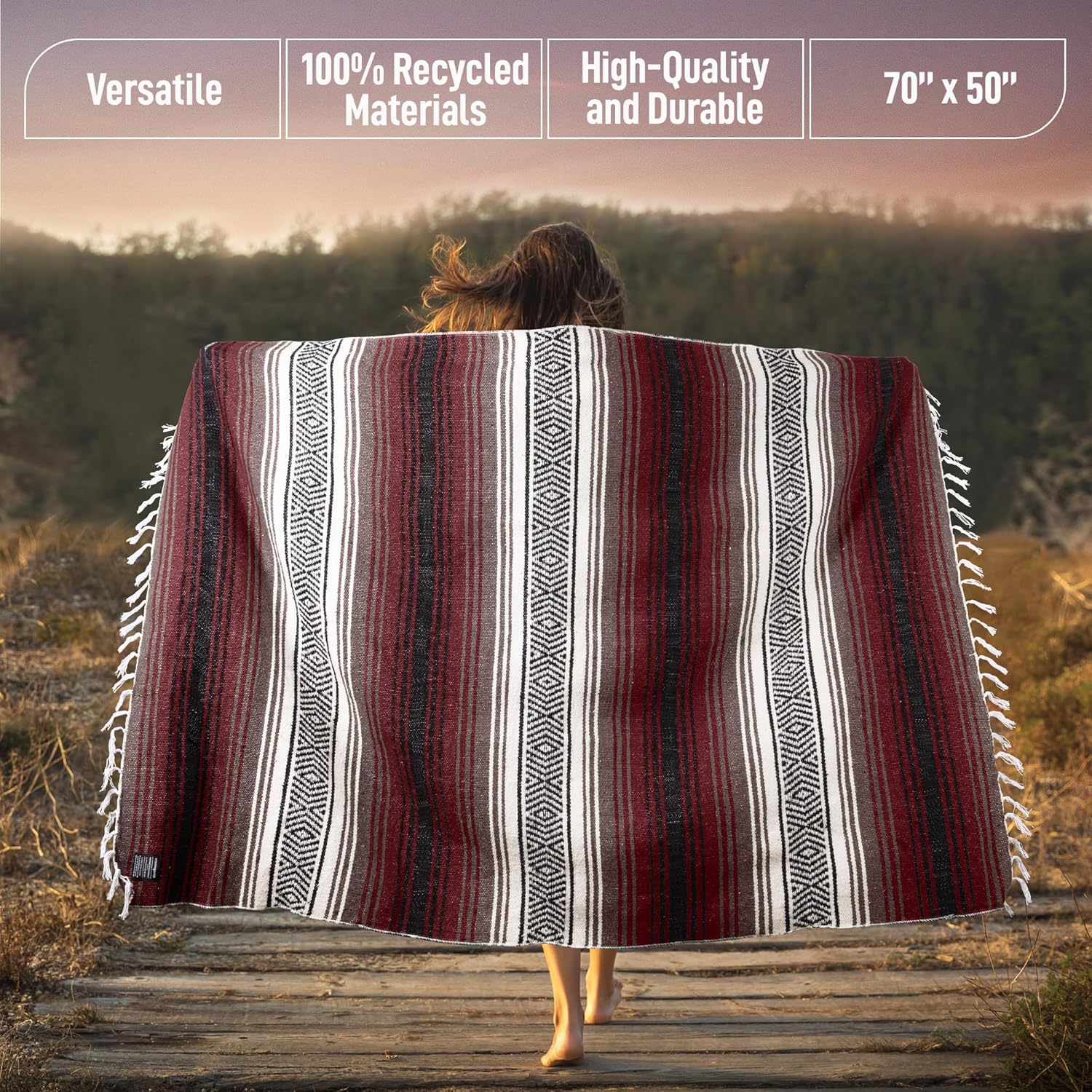 Authentic Large Handwoven Mexican Blanket - Soft Yoga- Durable Serape- Lightweight Falsa, Beach, Camping, Picnic, Outdoor Blanket 70