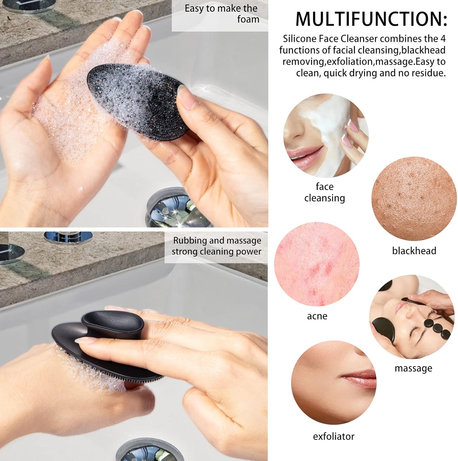 4 Pack Silicone Face Scrubber, Beomeen Facial Cleansing Brush Soft Silicone Facial Exfoliation and Massage Brush Blackhead Scrubber for Men and Women (Black) Black 4