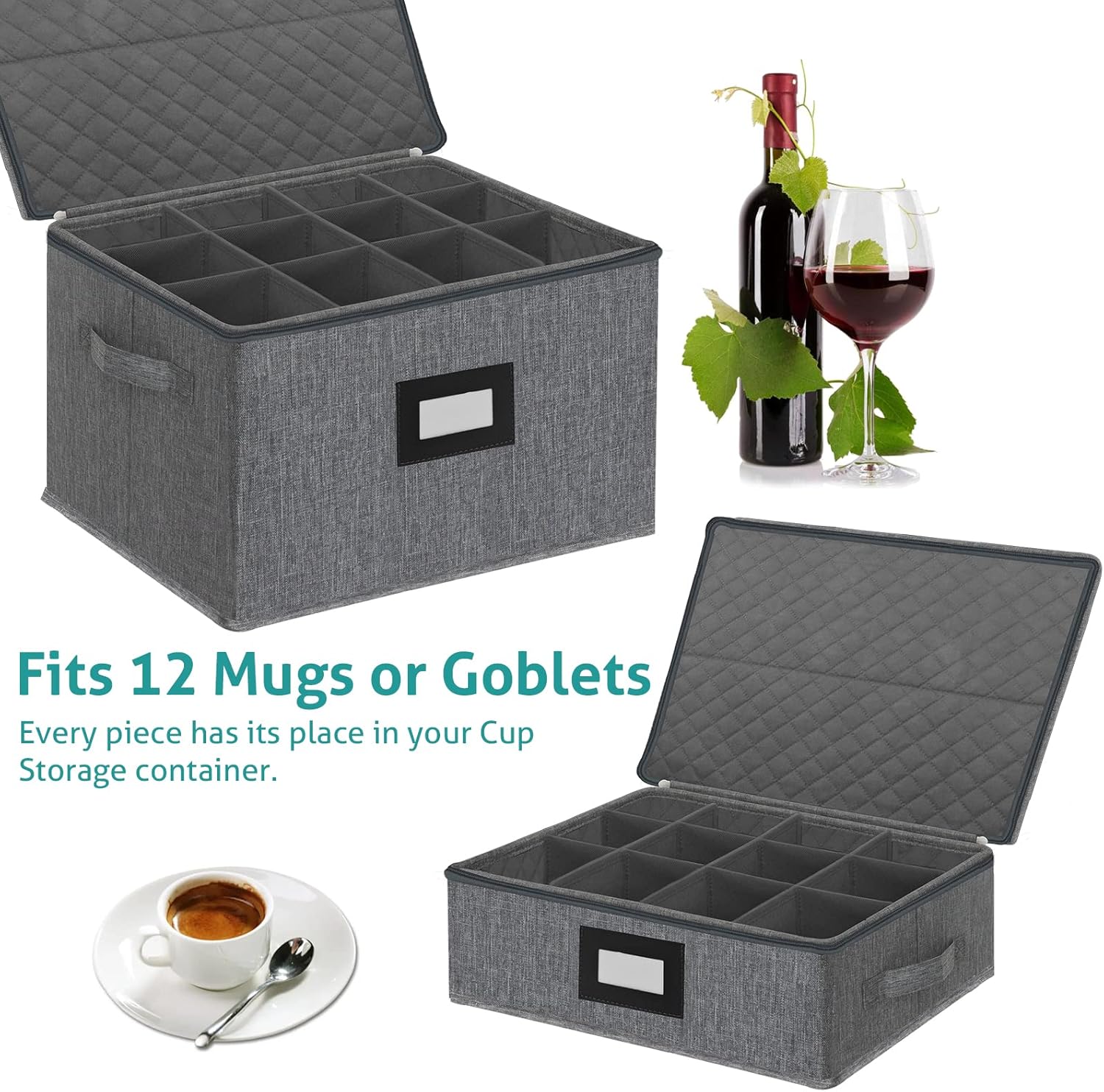 China Storage Set - Dinnerware & Glass Storage Containers - Hard Shell and Stackable Storage Boxes - Protects Dishes Cups and Mugs, Felt Plate Dividers Included (6-Pieces Grey)