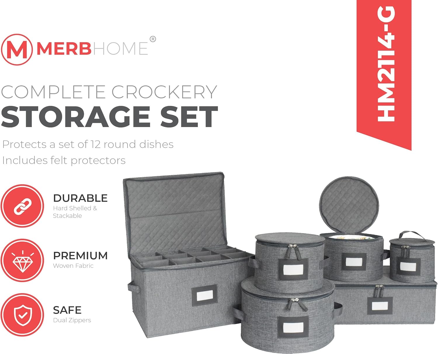 China Storage Set - Dinnerware & Glass Storage Containers - Hard Shell and Stackable Storage Boxes - Protects Dishes Cups and Mugs, Felt Plate Dividers Included (6-Pieces Grey)