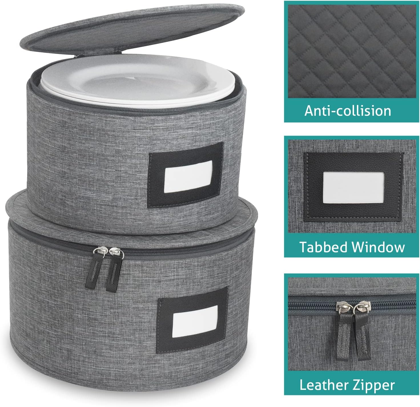 China Storage Set - Dinnerware & Glass Storage Containers - Hard Shell and Stackable Storage Boxes - Protects Dishes Cups and Mugs, Felt Plate Dividers Included (6-Pieces Grey)