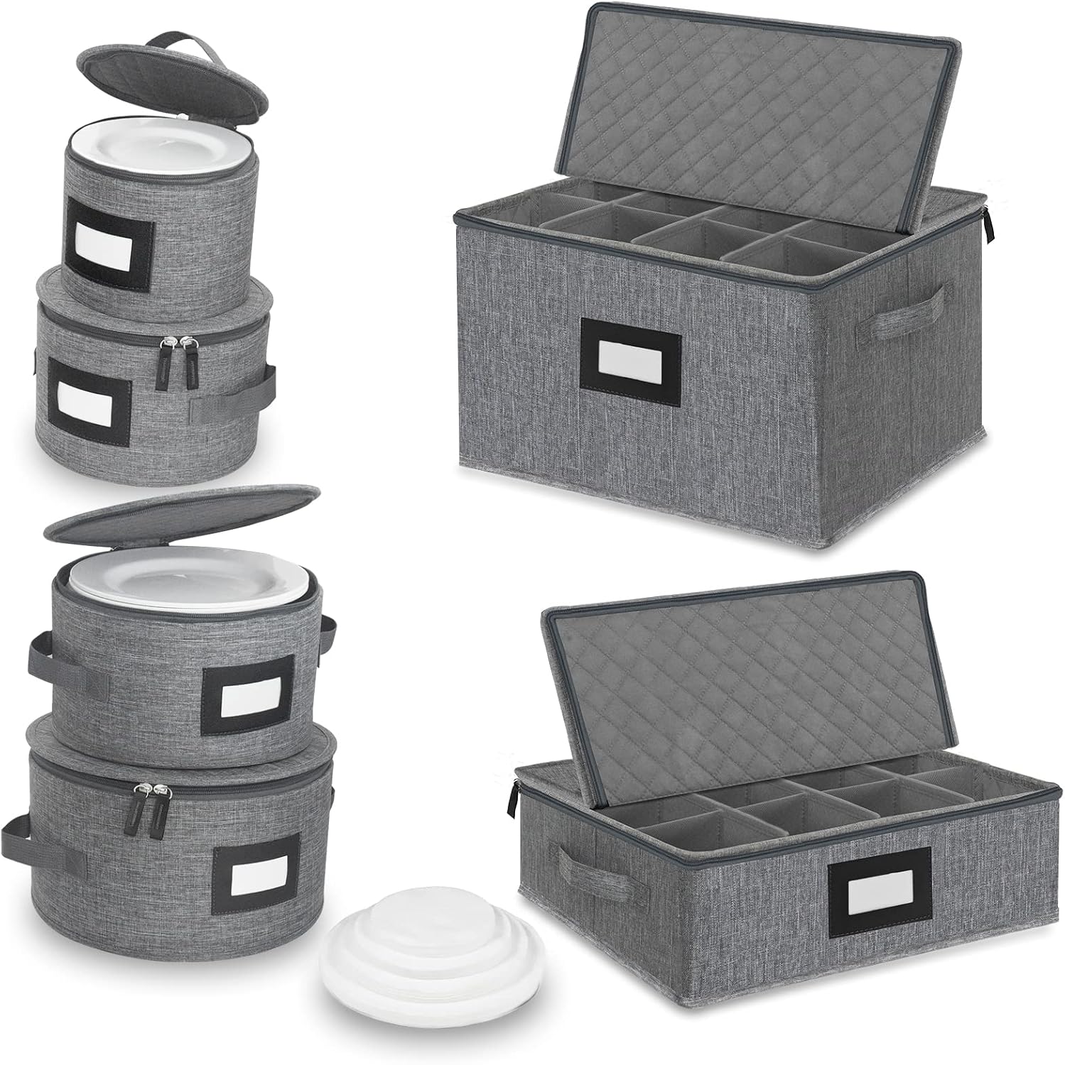 China Storage Set - Dinnerware & Glass Storage Containers - Hard Shell and Stackable Storage Boxes - Protects Dishes Cups and Mugs, Felt Plate Dividers Included (6-Pieces Grey)