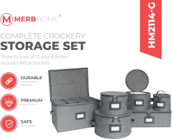 China Storage Set - Dinnerware & Glass Storage Containers - Hard Shell and Stackable Storage Boxes - Protects Dishes Cups and Mugs, Felt Plate Dividers Included (6-Pieces Grey)