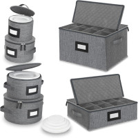 China Storage Set - Dinnerware & Glass Storage Containers - Hard Shell and Stackable Storage Boxes - Protects Dishes Cups and Mugs, Felt Plate Dividers Included (6-Pieces Grey)