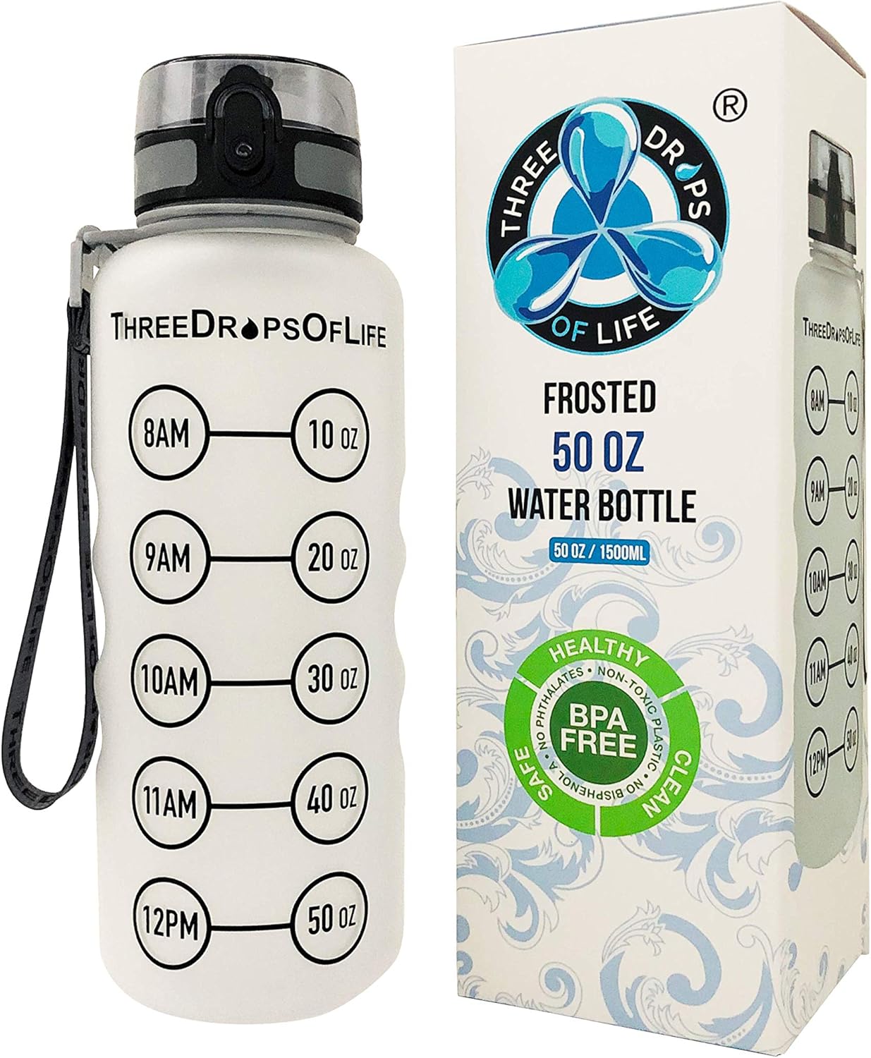 Three Drops of Life New 50oz Large Hydration Tracker Sport Water Bottles, Frosted Clear Tritan Plastic Bottle for Hydration Timer Tracking, Smart Remind Time Marker - Reusable, Leak Proof, BPA Free