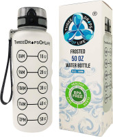 Three Drops of Life New 50oz Large Hydration Tracker Sport Water Bottles, Frosted Clear Tritan Plastic Bottle for Hydration Timer Tracking, Smart Remind Time Marker - Reusable, Leak Proof, BPA Free