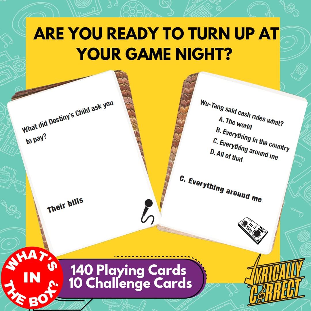 Lyrically Correct 90's and 2000's Hip Hop & R&B Music Trivia Card Game for Friends, Fun Party Game for Adults, Family Gatherings, Game Nights, and Finish The Lyrics Challenge 90's and 00's Hip Hop and R&B